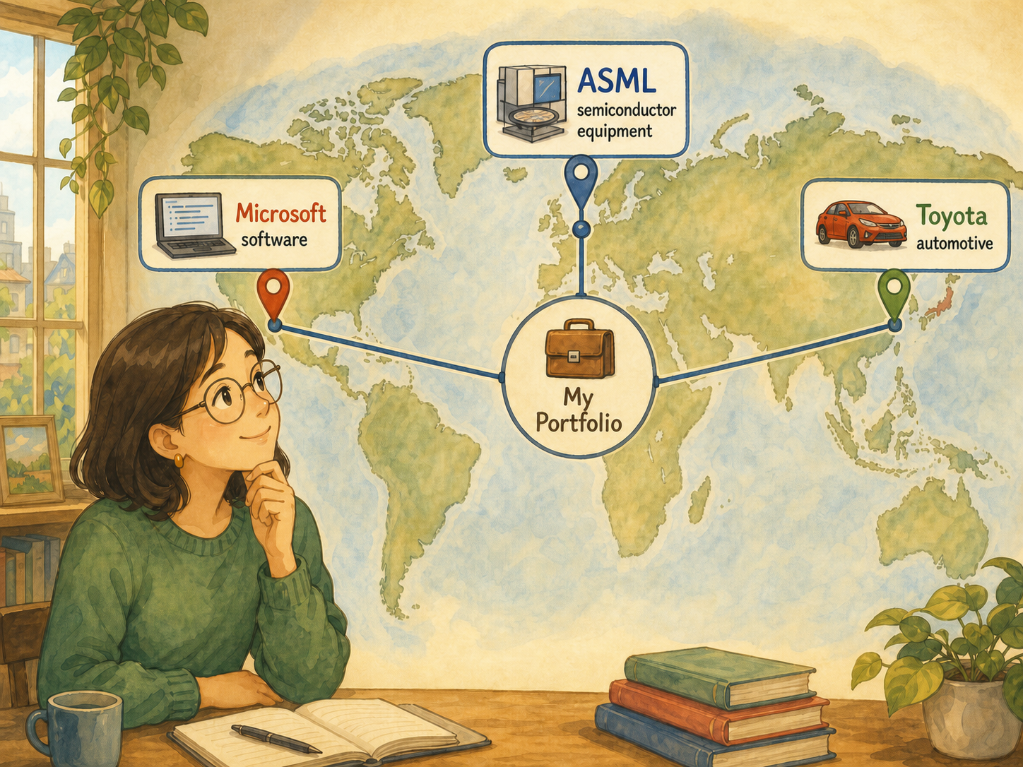 A map connects Toyota in Japan, ASML in the Netherlands, and Microsoft in the USA to one portfolio.