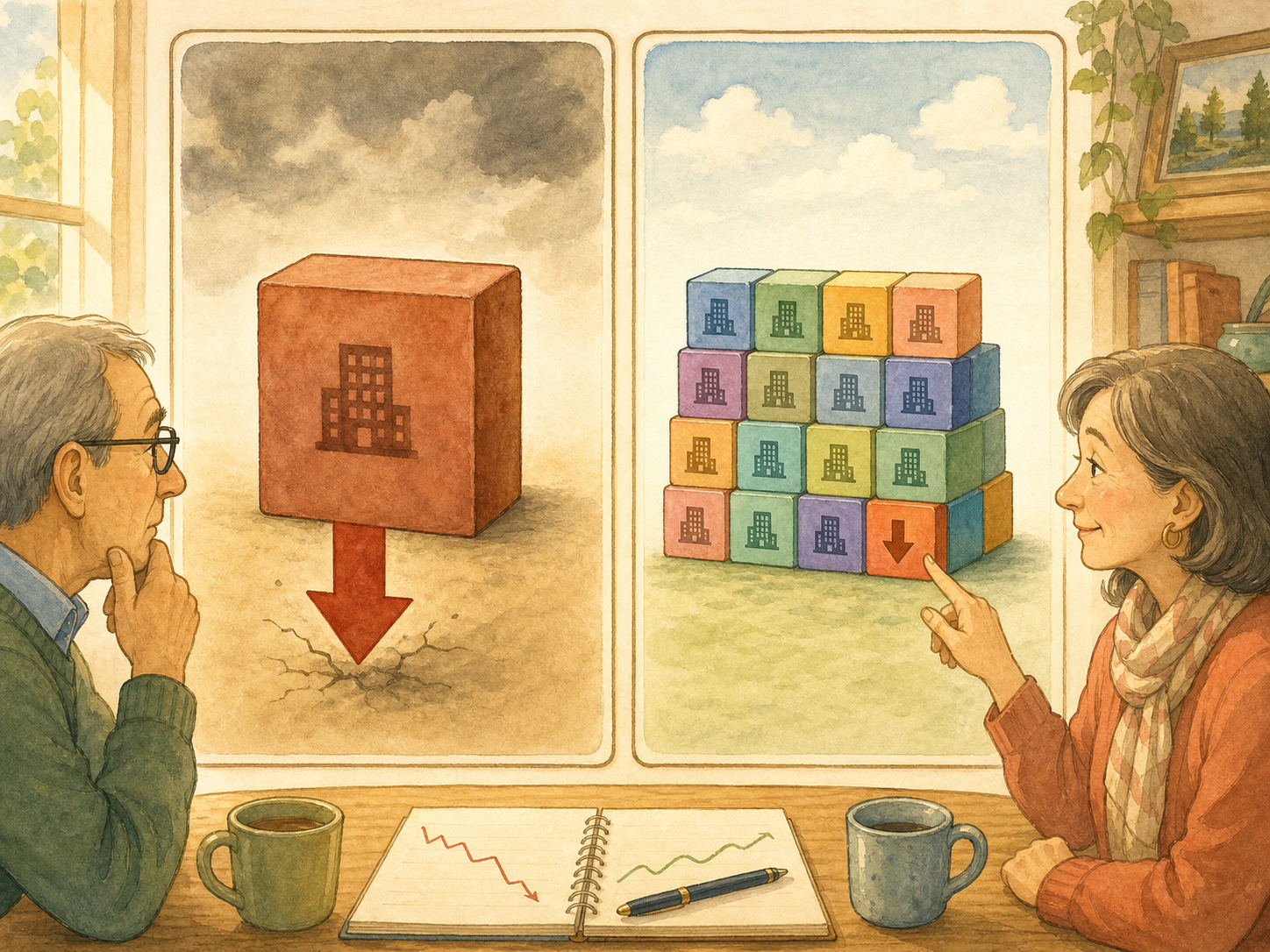 One company on the left is compared with many companies in an index fund on the right.