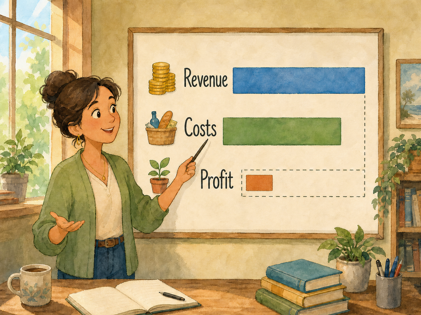 Three bars show revenue, costs, and the smaller profit that remains.