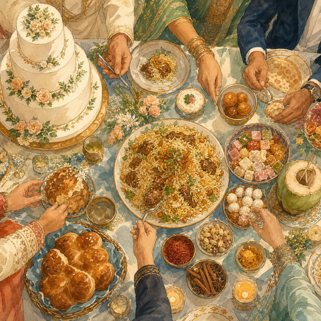 Top-down watercolor illustration of adults sharing wedding foods around a banquet table, with a white cake, rice dish, sweets, bread, coconut, and spices.