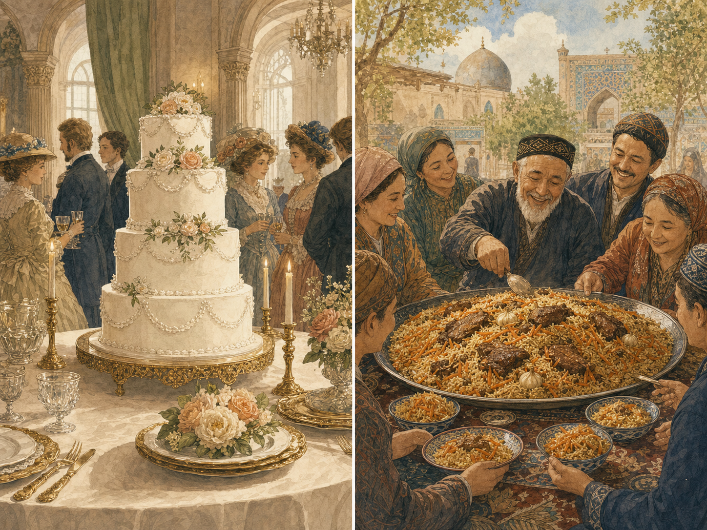 Split watercolor comparison of a formal white wedding cake and an Uzbek community warmly sharing a large dish of wedding plov.