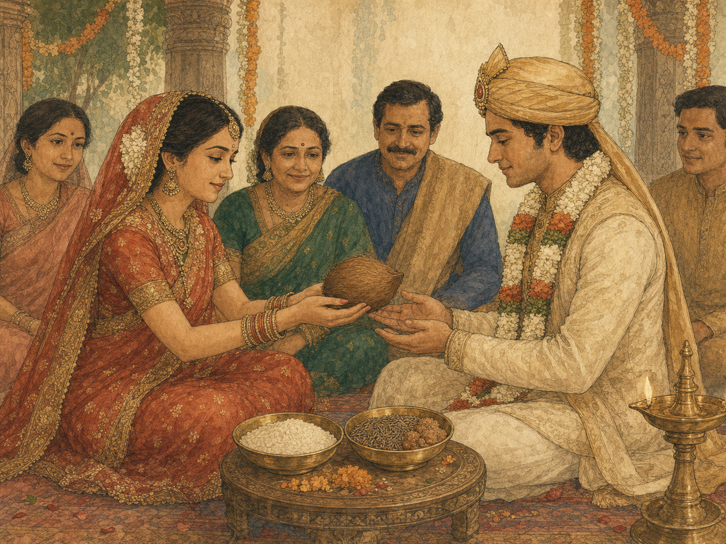 Watercolor illustration of an adult Hindu bride passing a coconut to the groom, with rice and cumin-and-brown-sugar foods nearby as symbolic wedding offerings.