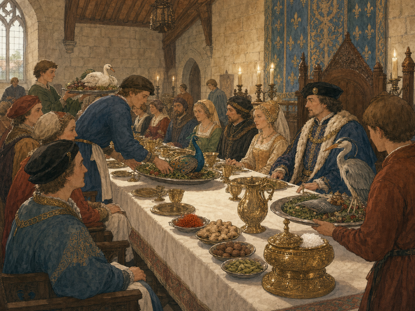 Watercolor illustration of a medieval French noble feast with rare spices, birds, golden serving ware, and high-ranking guests at a long table.