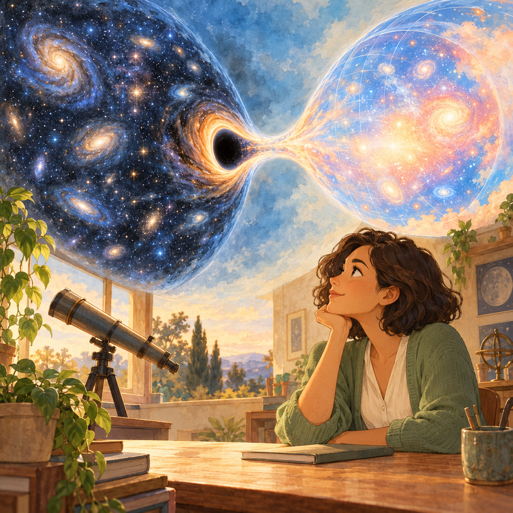 A woman in a sage cardigan sits beside a telescope, imagining a black hole connecting an older star-filled cosmos to a bright expanding universe.