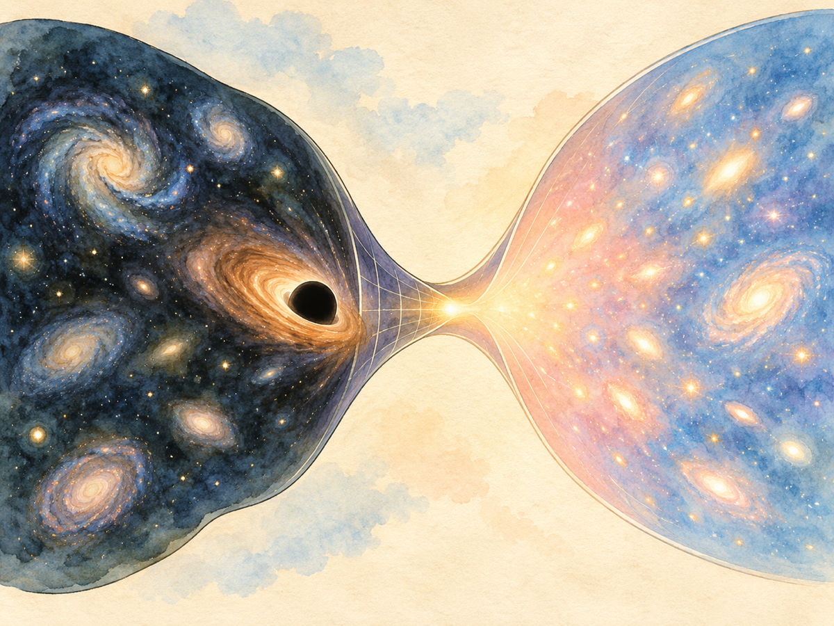 A watercolor cutaway shows a black hole in an older galaxy-filled universe linked through a narrow glowing neck to a new expanding cosmos.