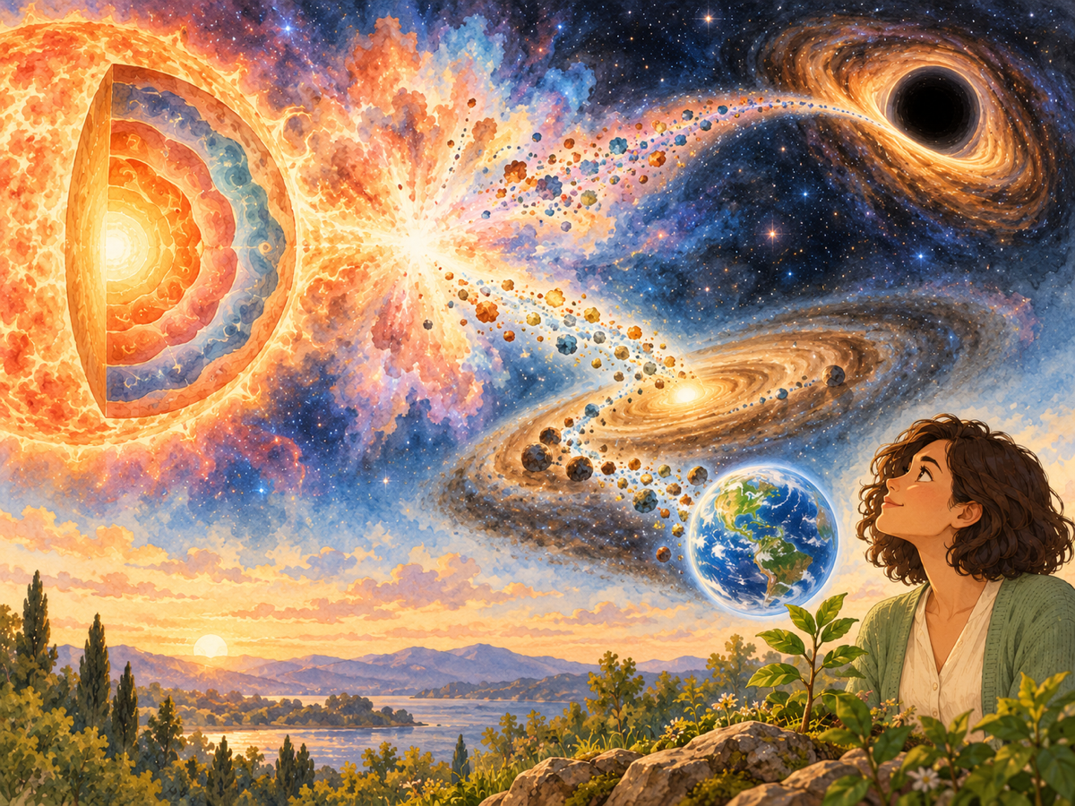 A layered star and supernova scatter material toward a black hole and a planet-forming disk, Earth and a woman beside a sapling.