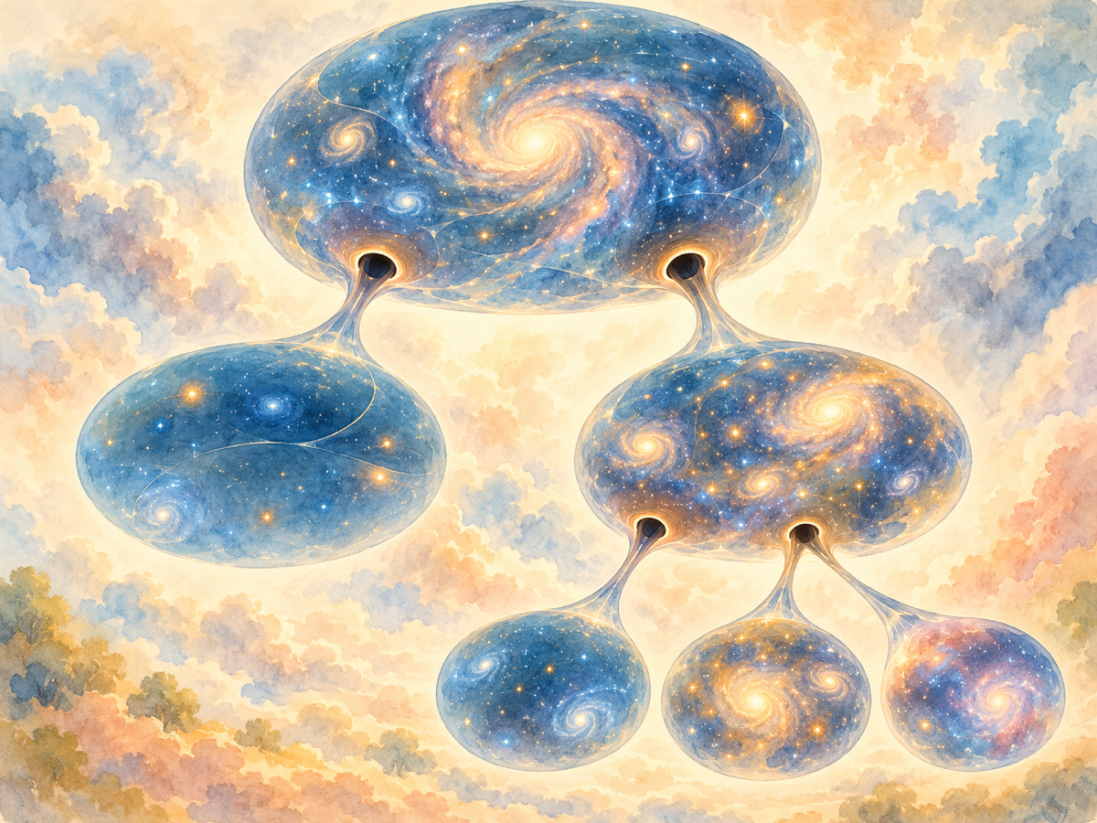 A branching family tree links a parent universe through black holes to two child universes; the richer child branches into three descendants.