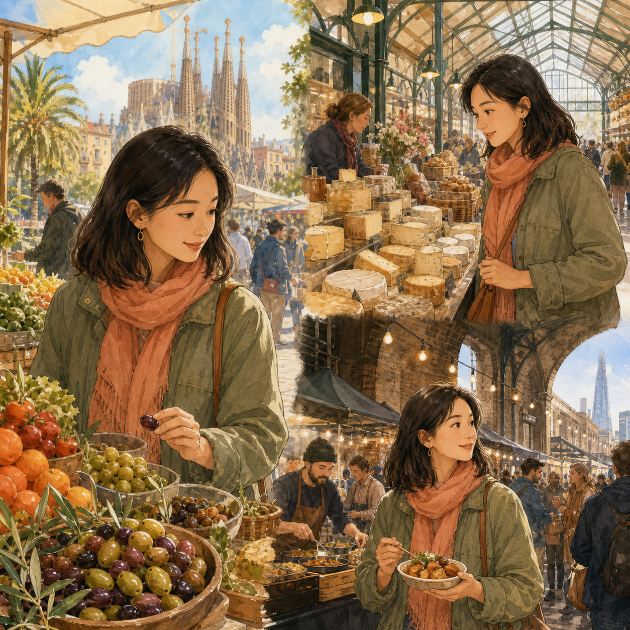 An adult traveller explores a collage of produce, cheese and street-food markets in Barcelona, Paris and London.