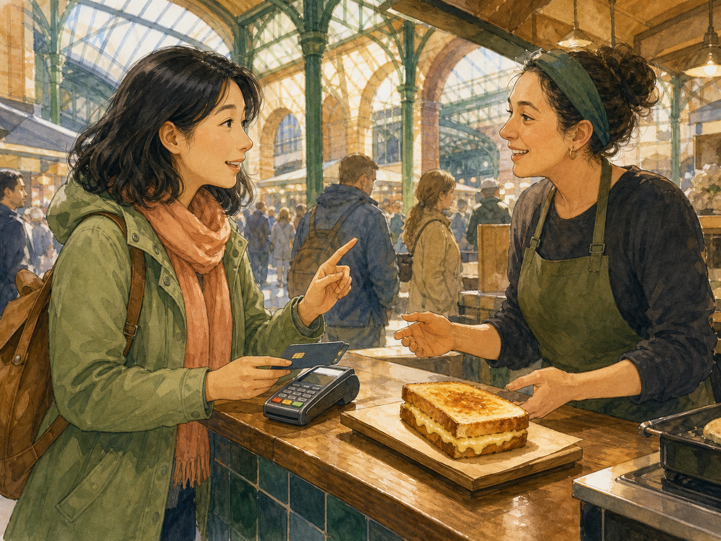 An adult traveller holds a bank card beside a terminal while a market worker serves one cheese toastie under London market arches.