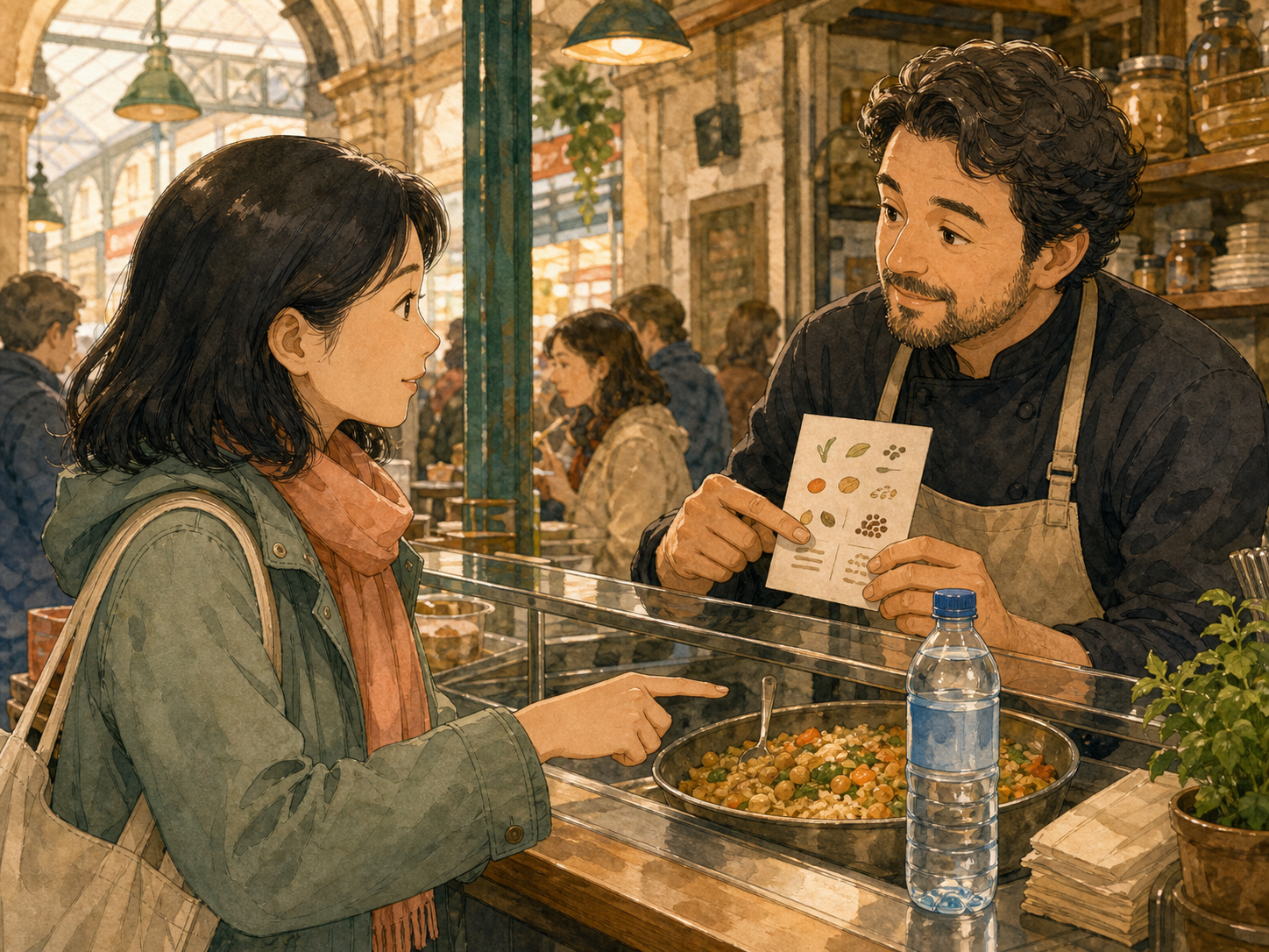 An adult traveller checks an illustrated ingredient card with a cook beside a prepared dish and sealed water at a covered Paris market.