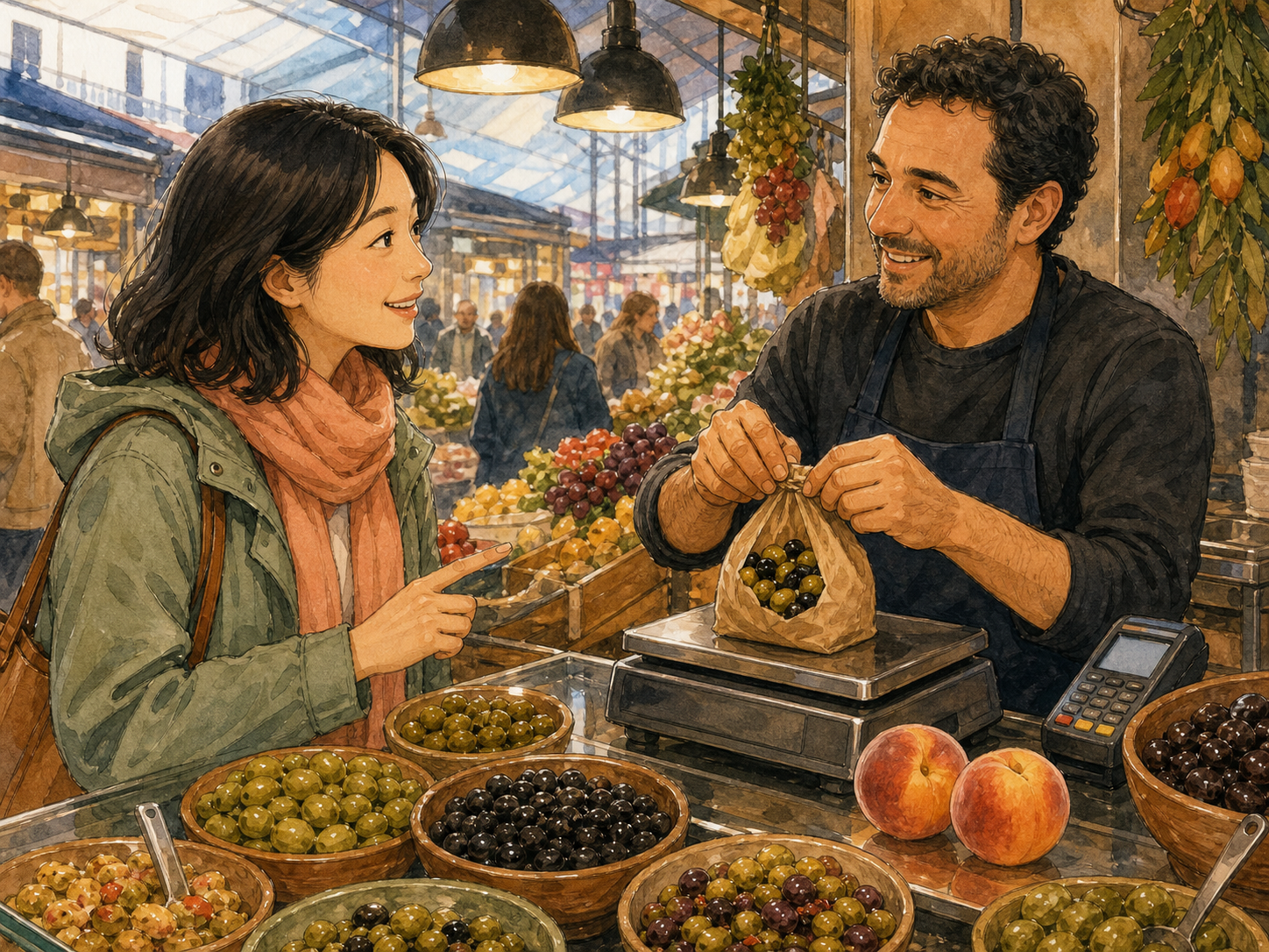 An adult traveller talks with a seller weighing olives beside two peaches and a card terminal at a covered Barcelona market stall.