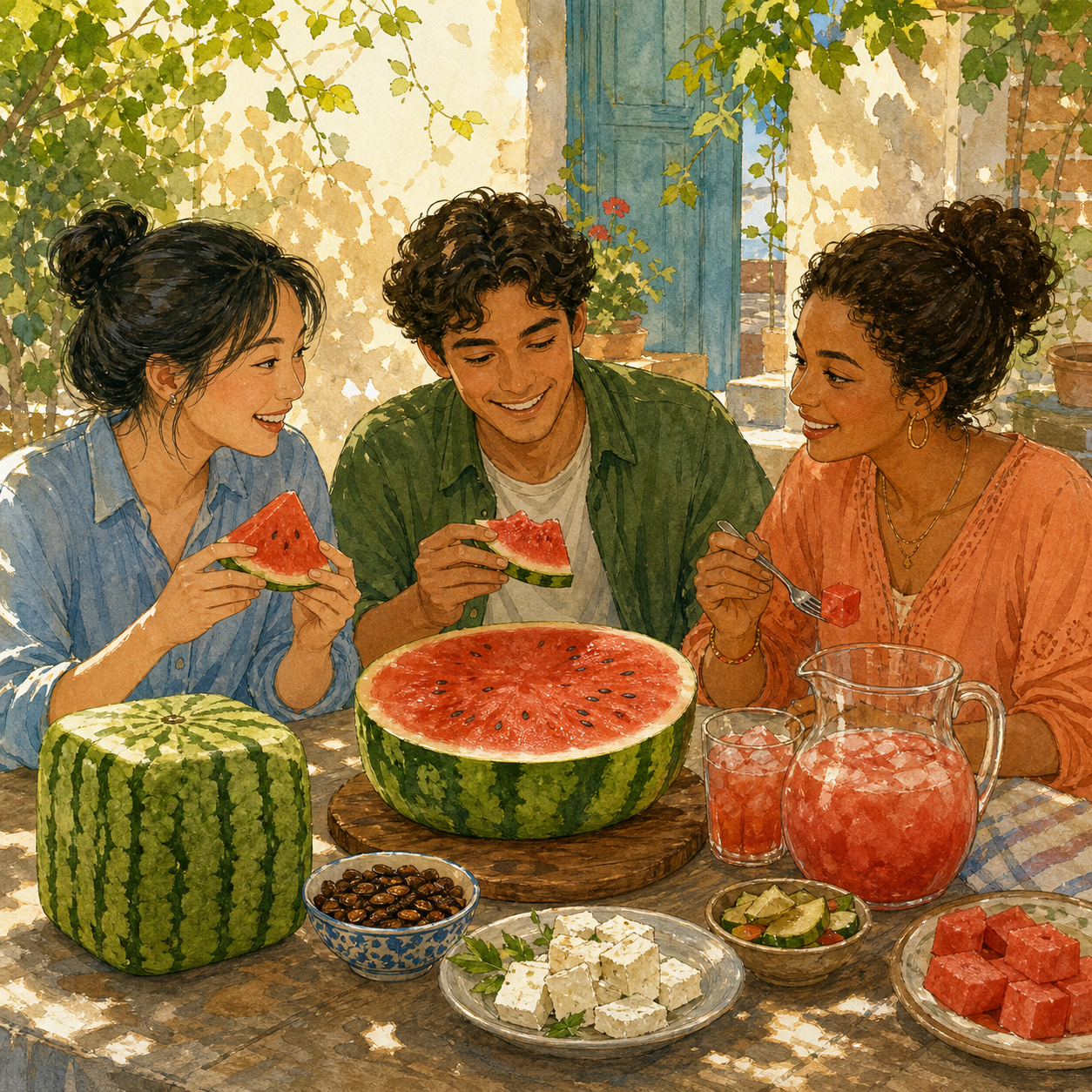 Three friends share watermelon at a sunny garden table with roasted seeds, white cheese, a cold drink, rind pickles, and a square watermelon.