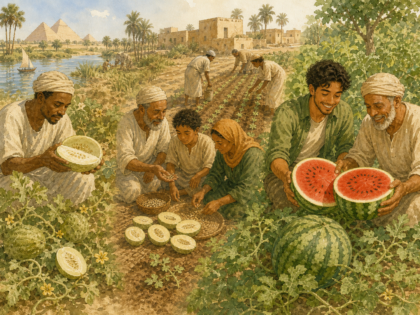 A Nile-side farming scene moves from a pale-fleshed melon through families saving seeds to a modern red watermelon.