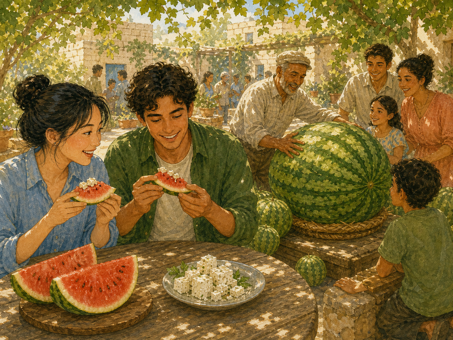 Two young visitors taste watermelon with white cheese while a farmer presents an enormous local watermelon at a summer festival.