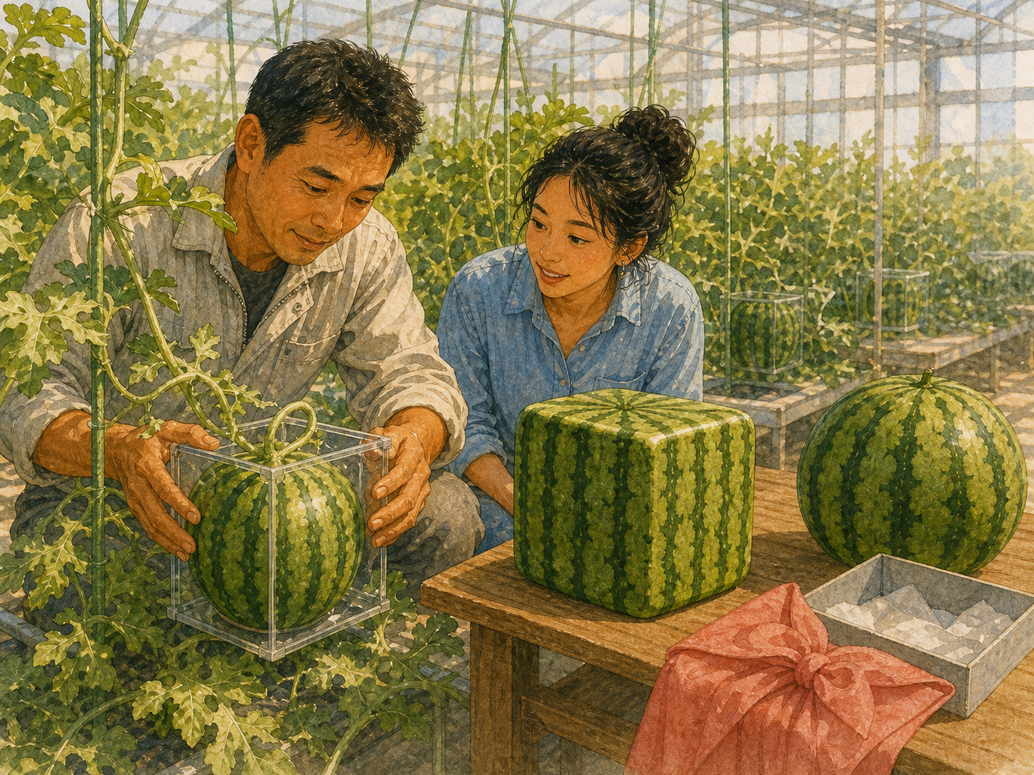 A farmer places a young watermelon in a clear cube mold while a visitor compares a finished square watermelon with a round one.