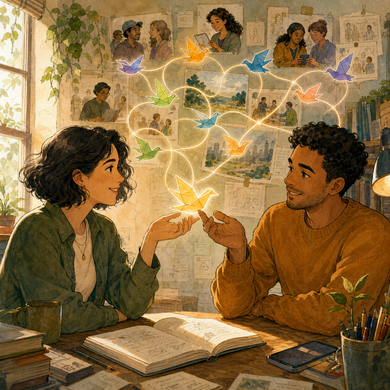 Two adult friends pass a glowing origami bird as differently coloured paper birds travel through a web of connected people and media.
