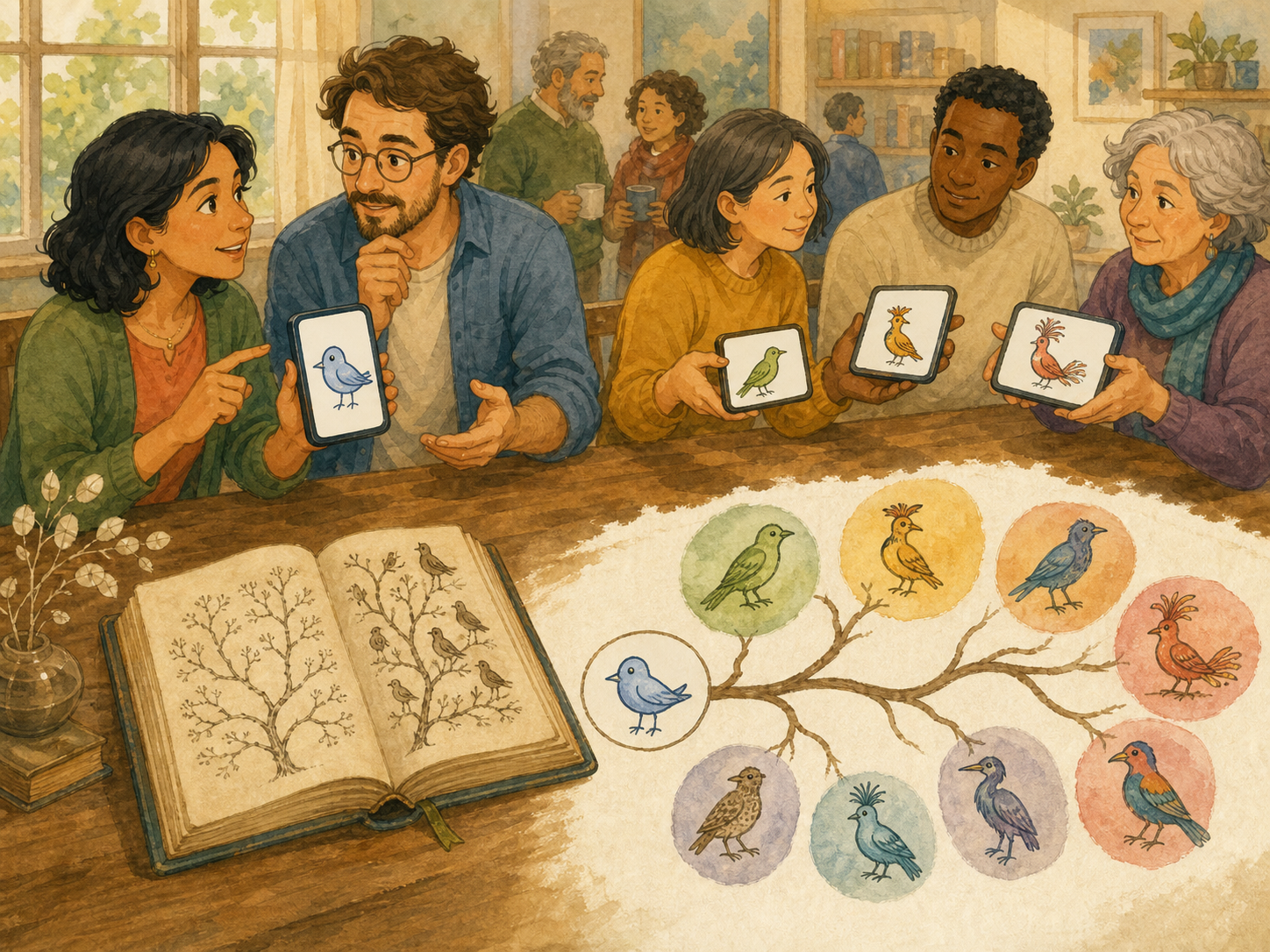 Adults pass bird images from phone to phone while each version changes, beside an open book and a branching family of bird variations.