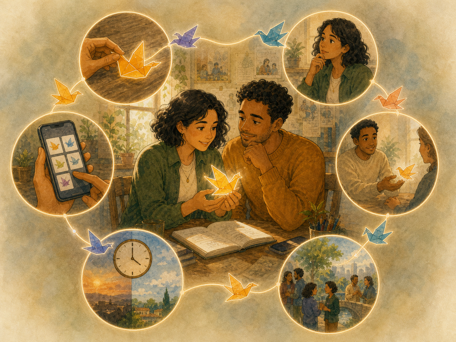Two friends examine a glowing paper bird surrounded by connected scenes of message design, thought, trust, social groups, time, and phone selection.