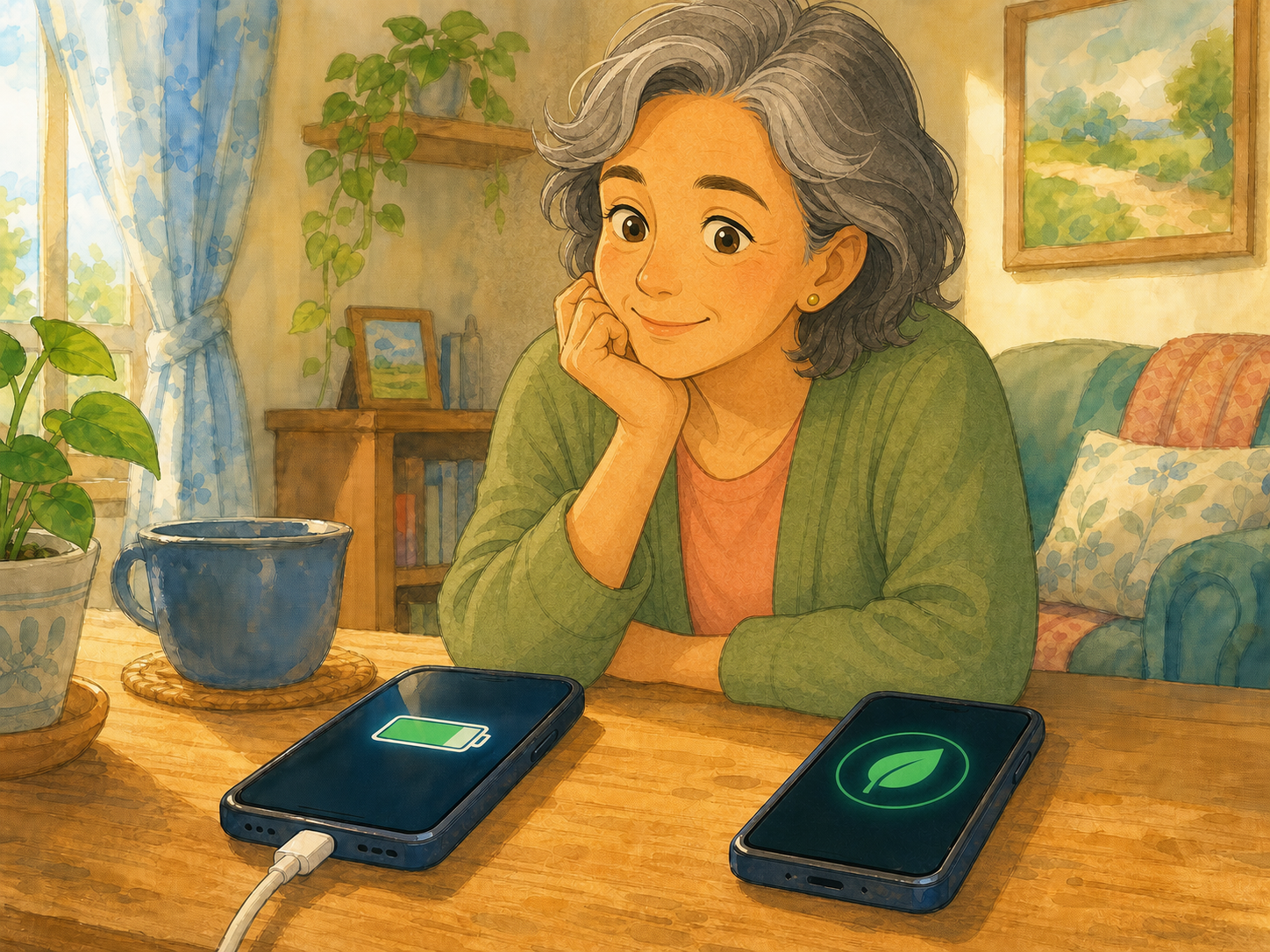 A gray-haired woman looks at one phone charging and another in power-saving mode.
