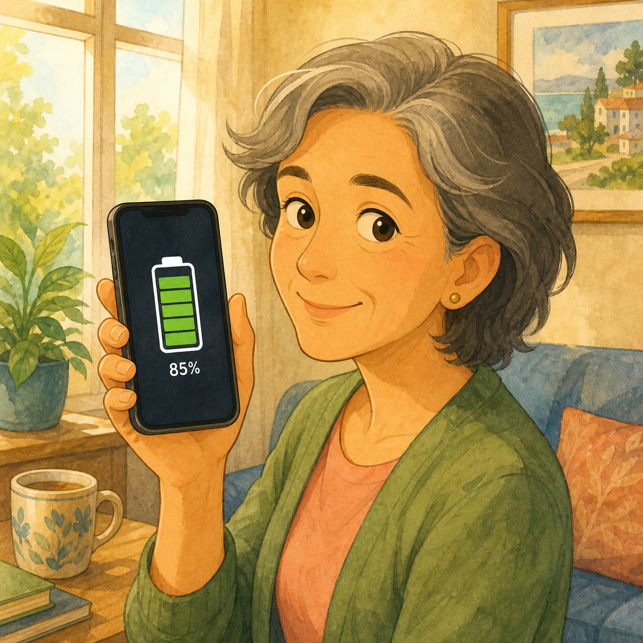 A gray-haired woman holds up a phone showing a nearly full battery.