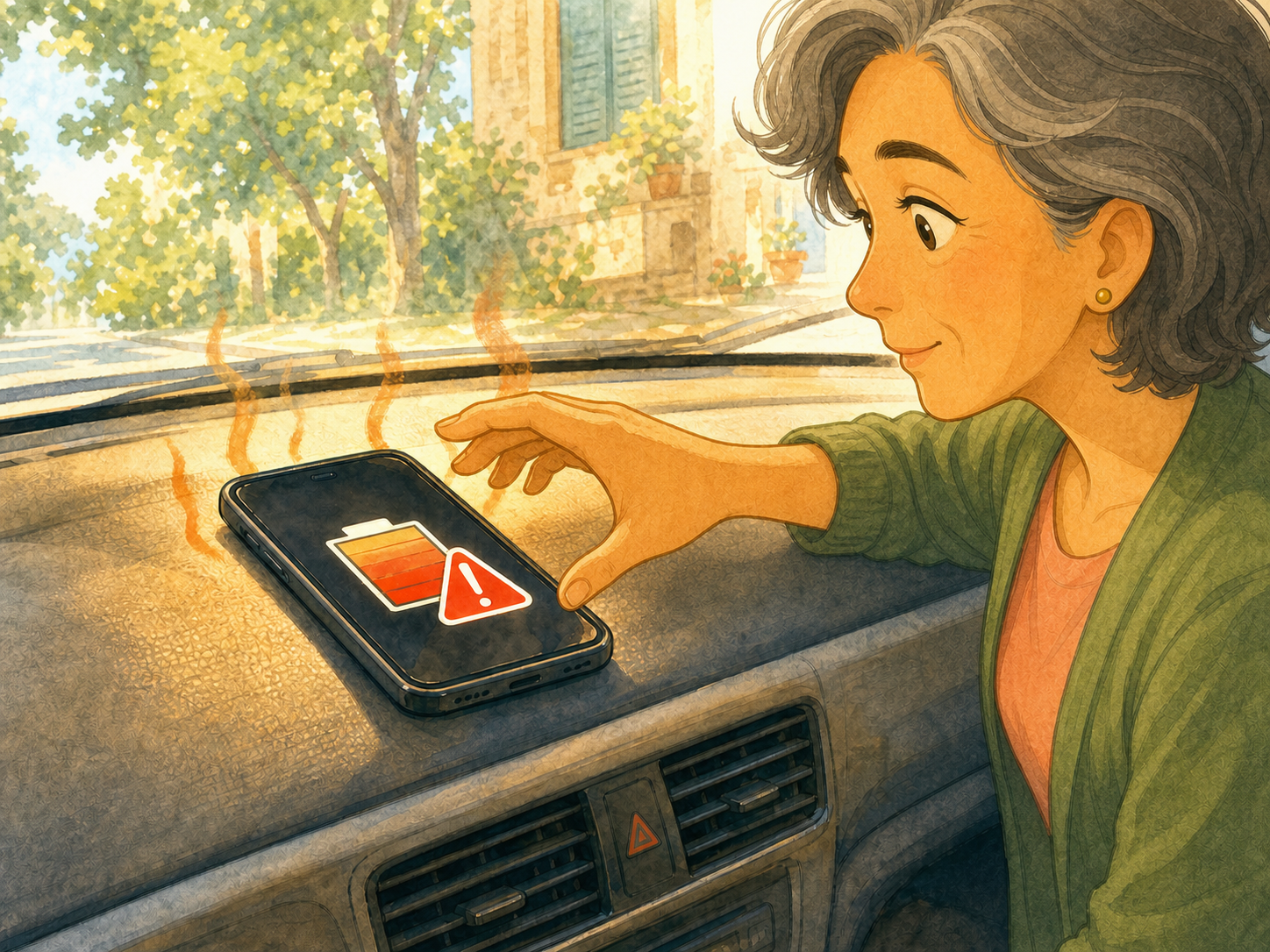 A gray-haired woman reaches for a hot phone on a sunny car dashboard.