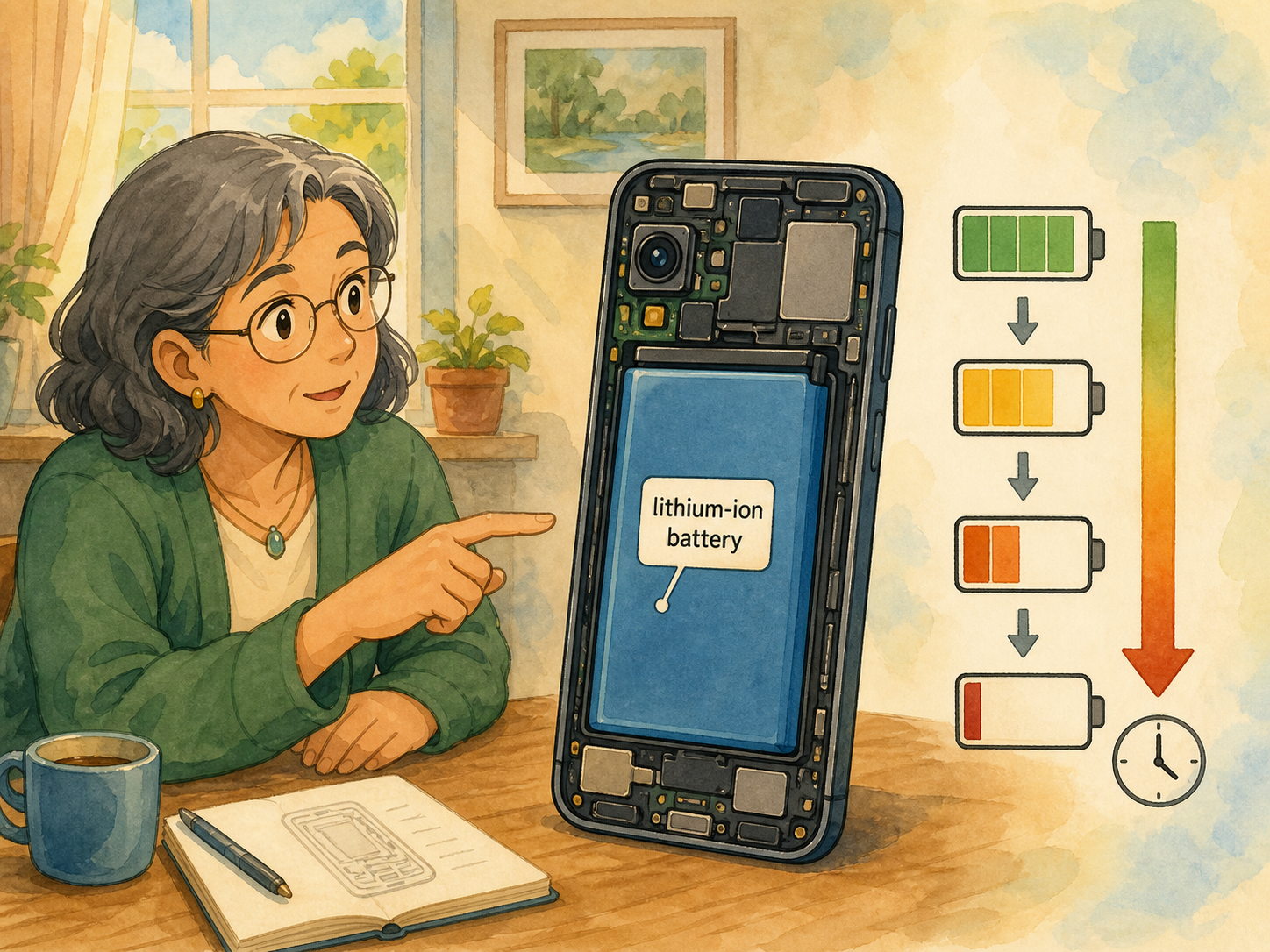 A cutaway phone shows its lithium-ion battery and battery capacity decreasing over time.